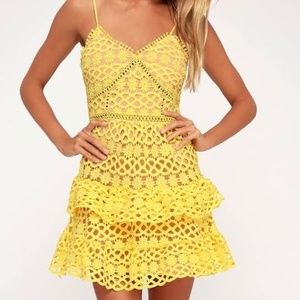 Lulus Yellow and Tan Lace Crochet Ruffle Dress